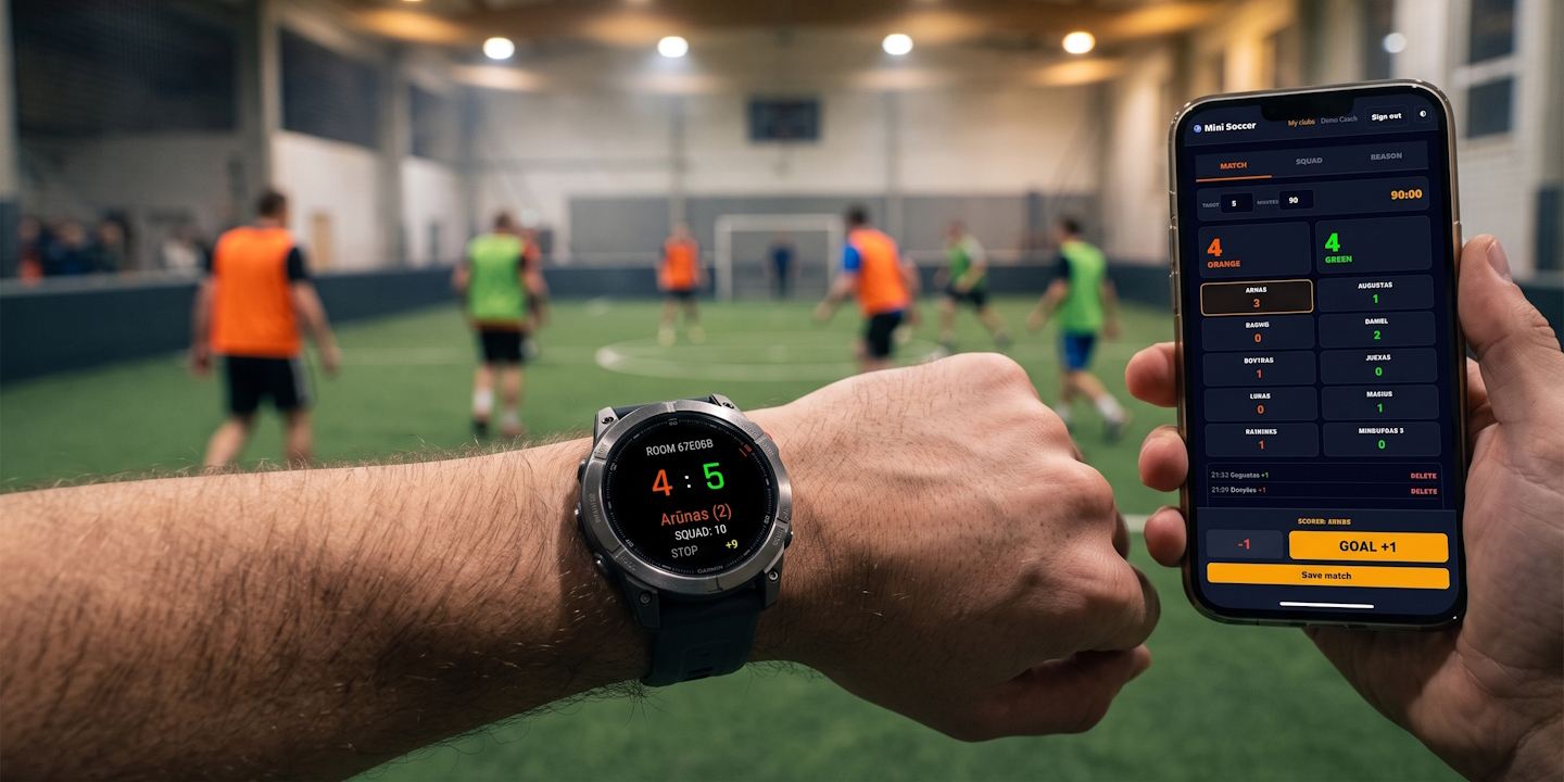Garmin-kello ranteessa näyttää 4:5 ja maalintekijän, vieressä puhelin samasta ottelusta, taustalla pelaajia oransseissa ja vihreissä liiveissä