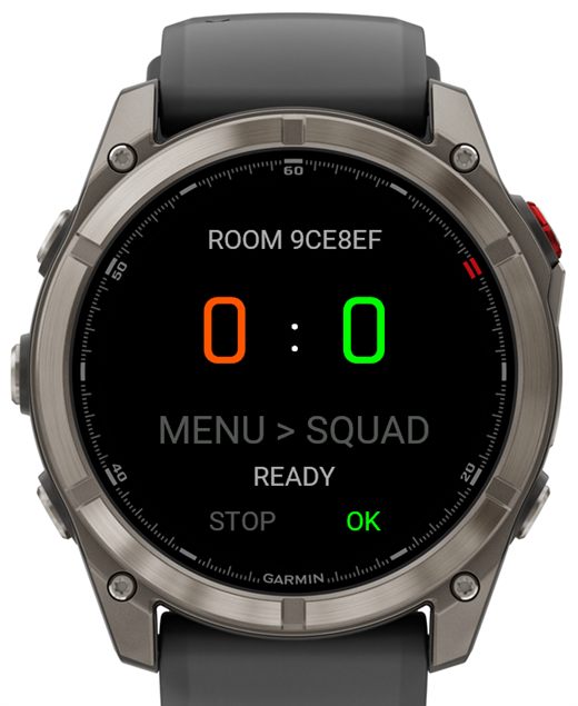 Mini Soccer Pro room code entry on a Garmin fenix: six characters with the active one underlined in gold