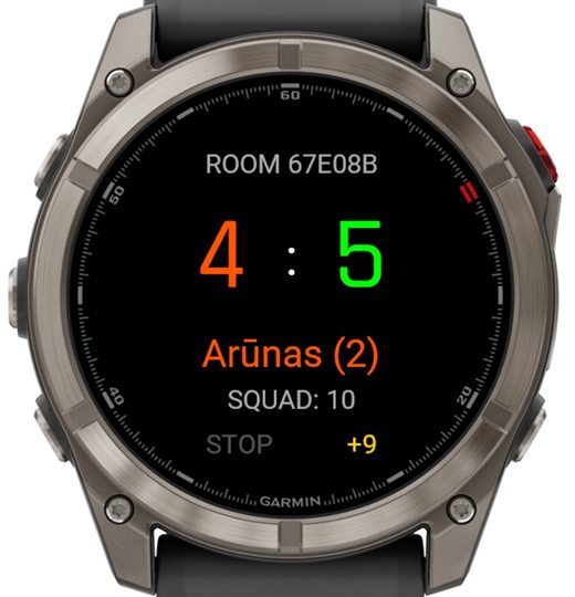 Mini Soccer Pro during a match: the room code, the score four five, the scorer by name and nine goals waiting to sync