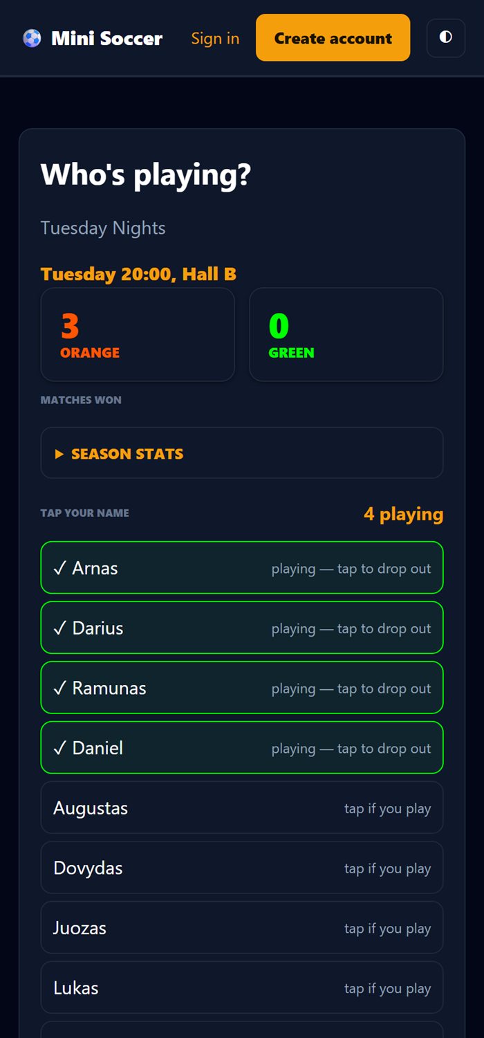 The sign-up page on a phone: the club's season score at the top and the squad list with three players marked as playing